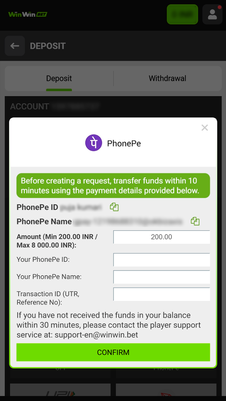 Enter the deposit amount to fund your Winwin account.