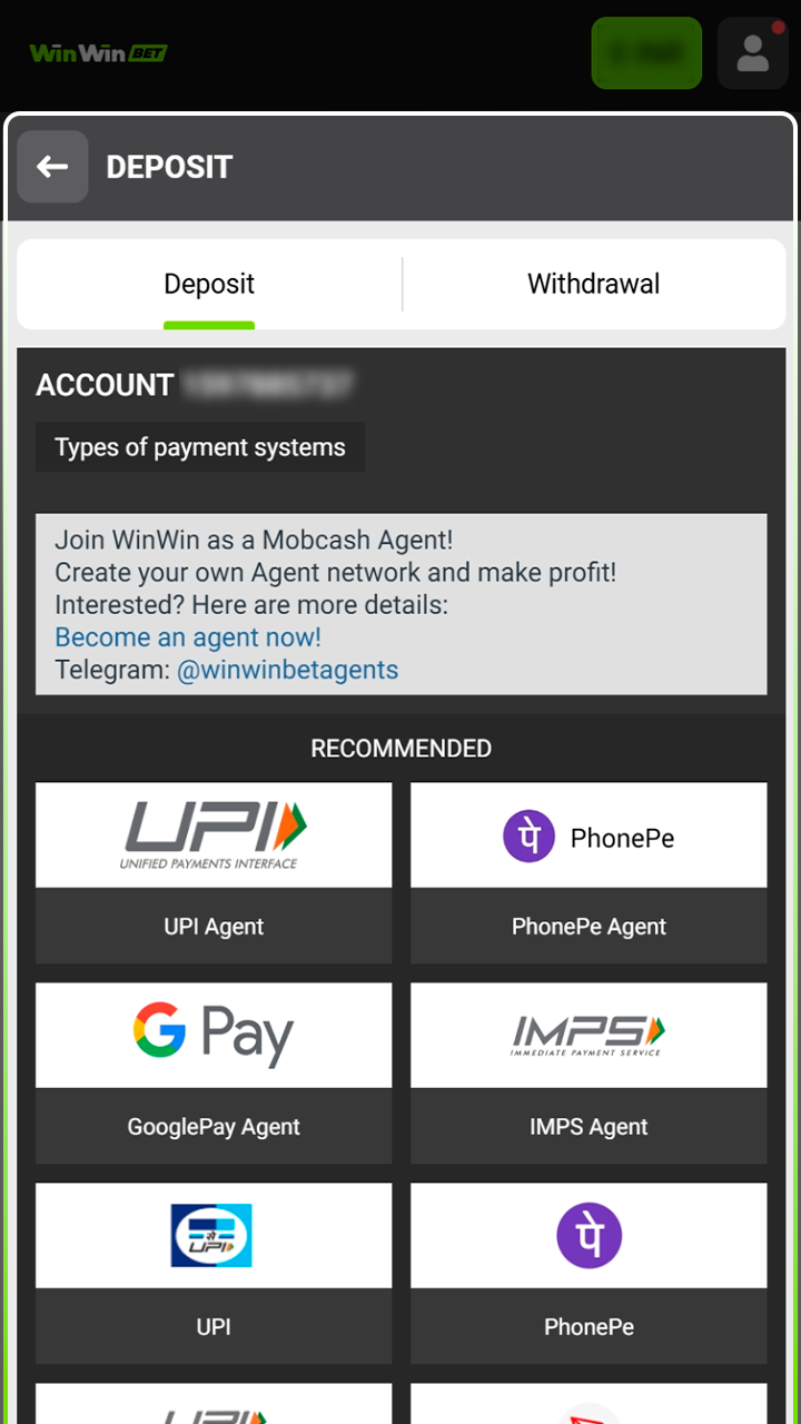 Pick your preferred payment method on the Winwin dashboard.