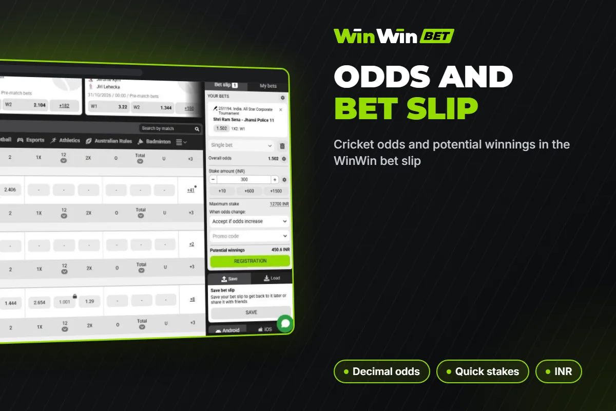 Cricket odds and potential winnings in the WinWin bet slip