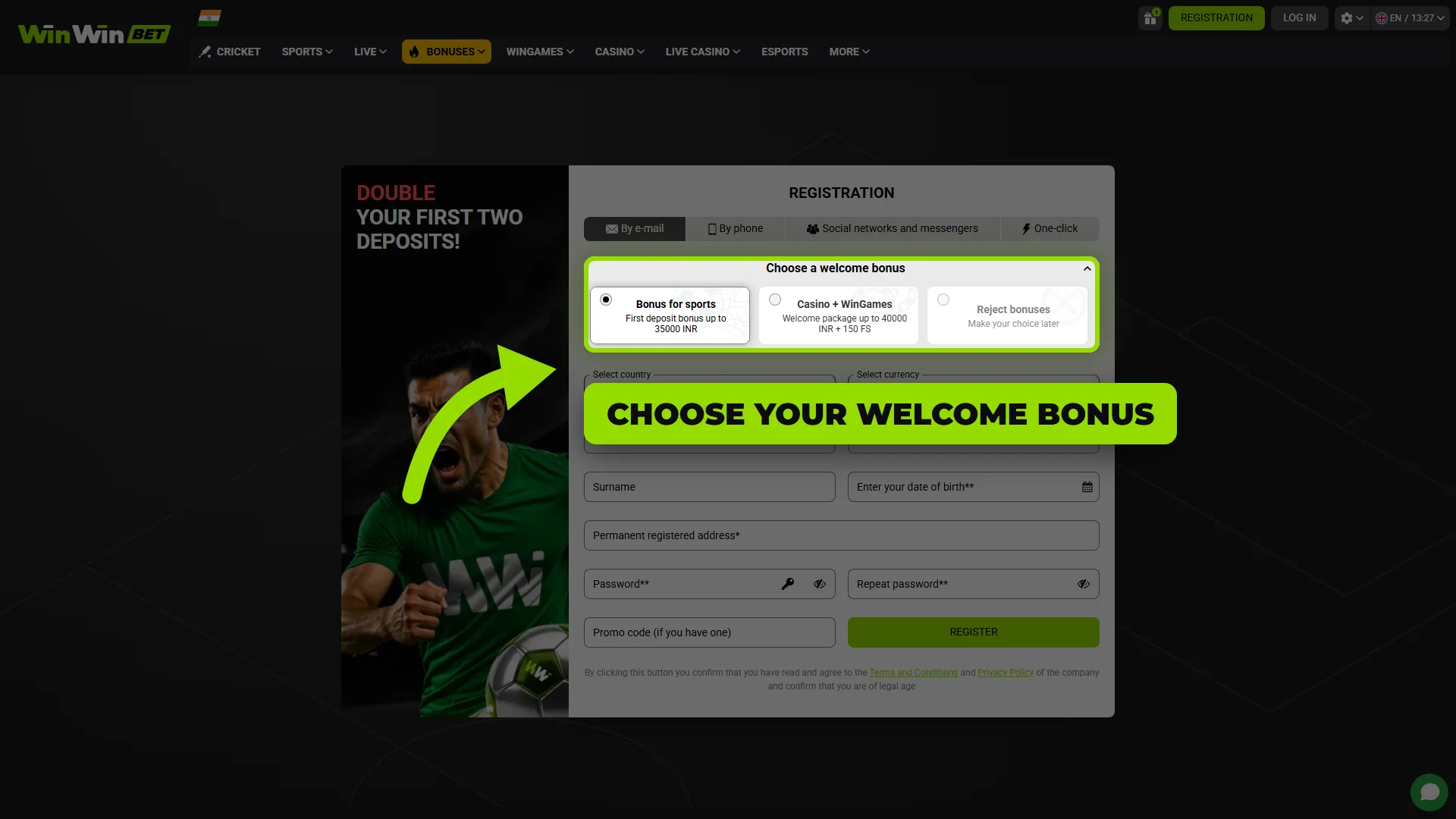 Choosing a sports or casino welcome bonus in the WinWin registration form
