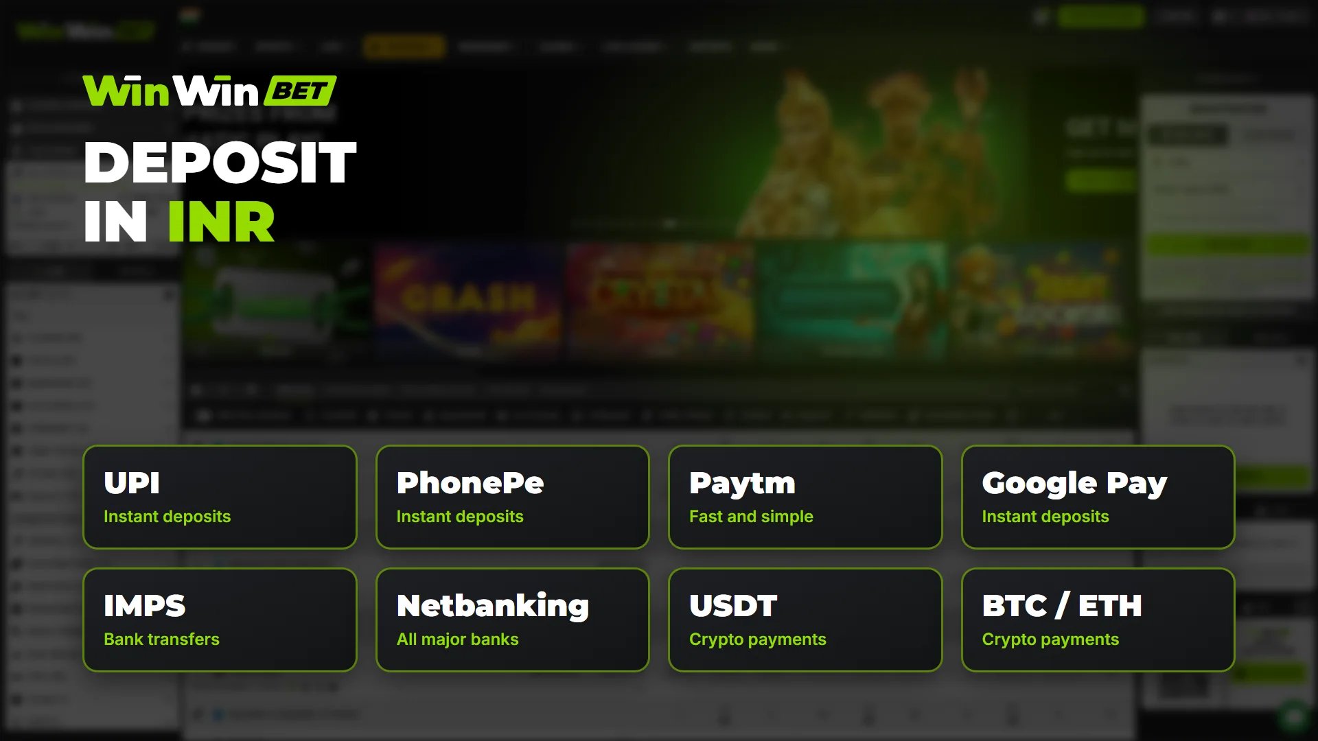 Deposit methods for Indian players at WinWin: UPI, PhonePe, Paytm, Google Pay