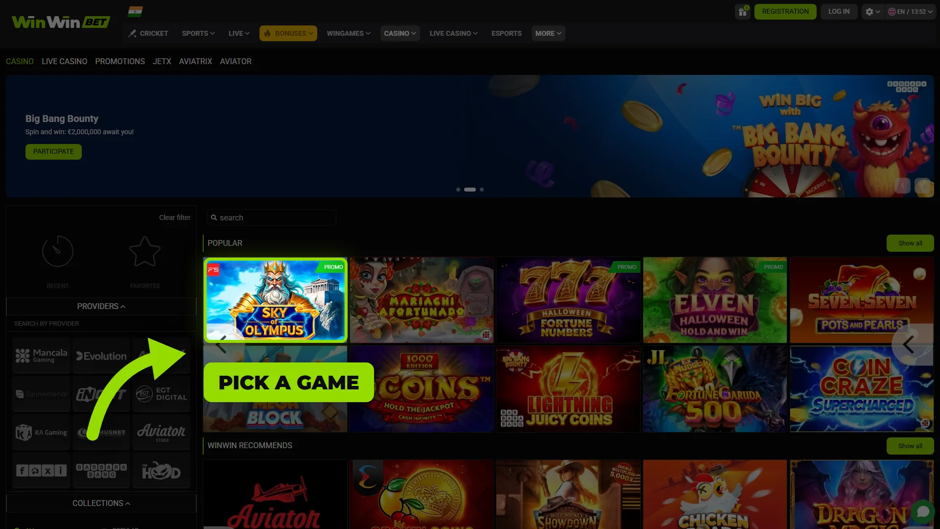 Choosing a game in the WinWin casino lobby