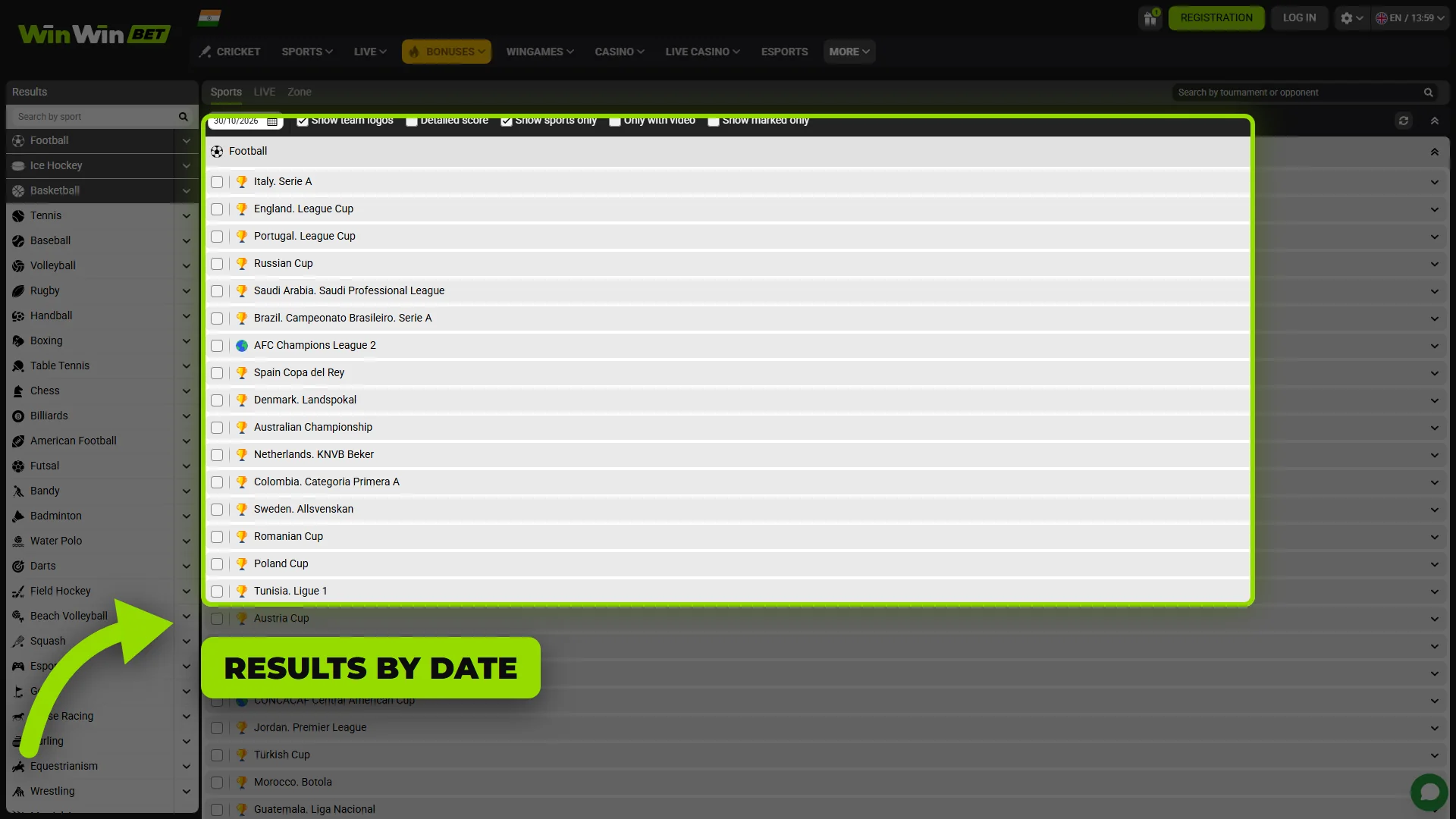 Results and bet history section at WinWin