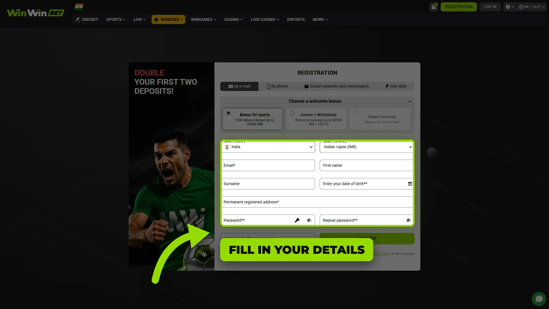 Filling in personal details and currency in the WinWin registration form