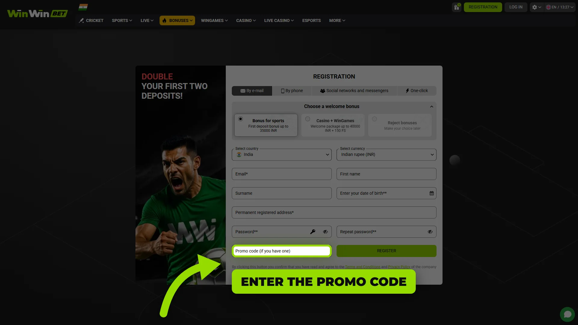 Promo code field in the WinWin registration form