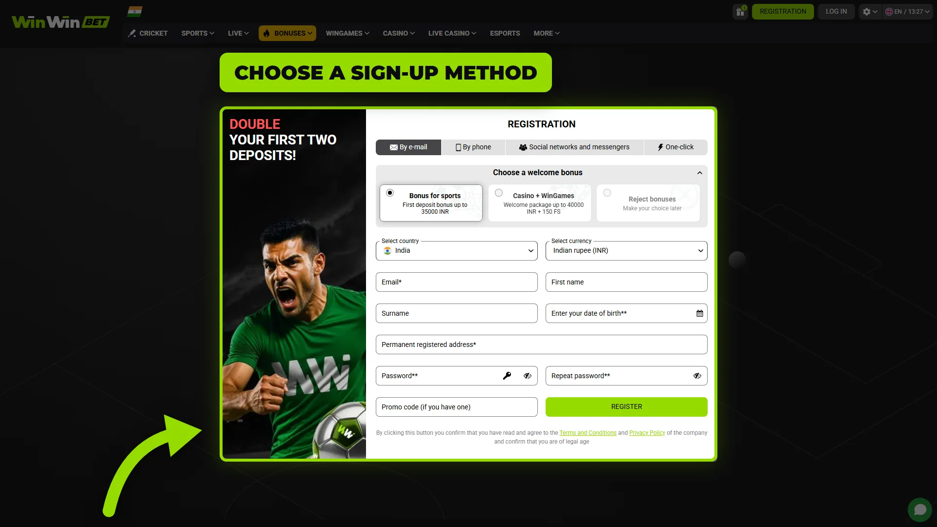 WinWin registration form with sign-up methods and welcome bonus choice